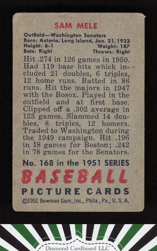1951 Bowman #168 Sam Mele VG, back