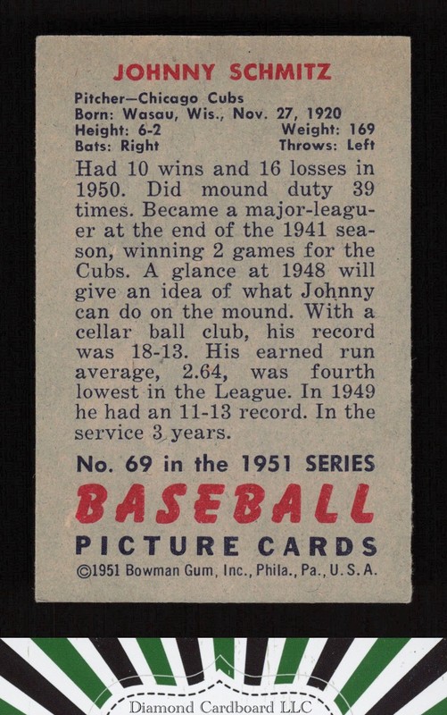 1951 Bowman #69 Johnny Schmitz VGEX+, back