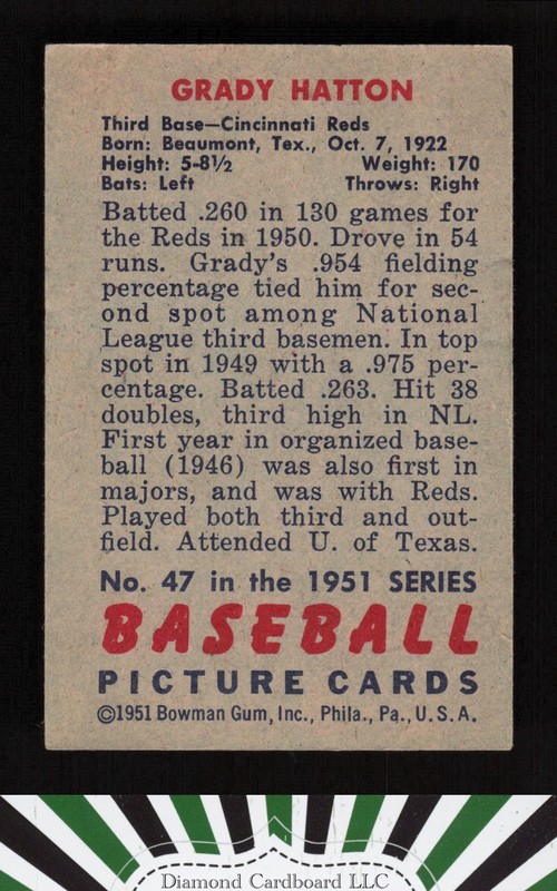 1951 Bowman #47 Grady Hatton VGEX, back