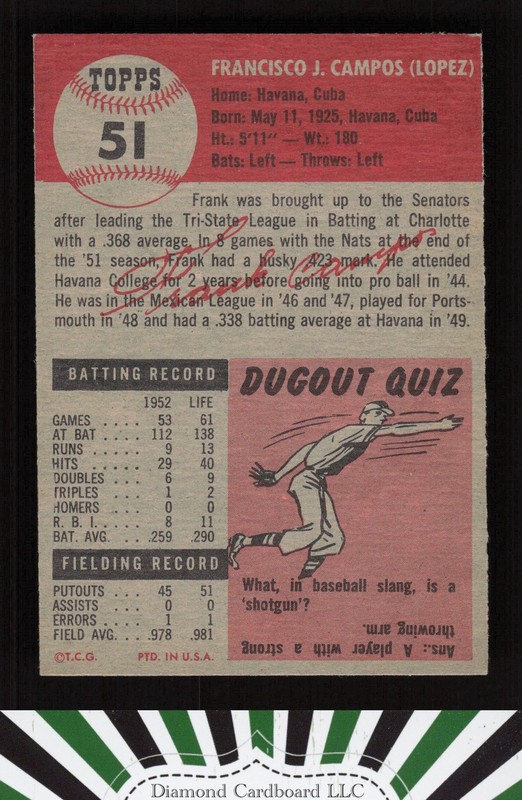 1953 Topps #51 Frank Campos NM j, back