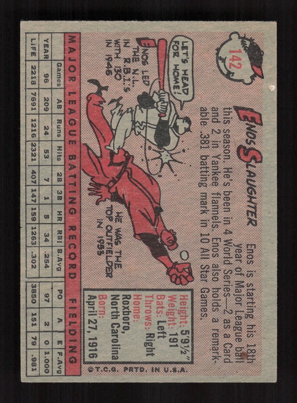 1958 Topps #142 Enos Slaughter EX (PD) e, back