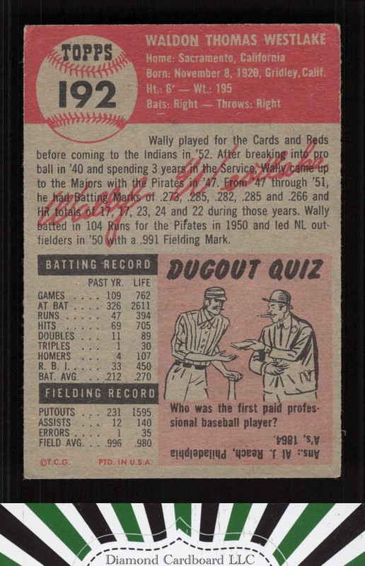 1953 Topps #192 Wally Westlake VG e, back