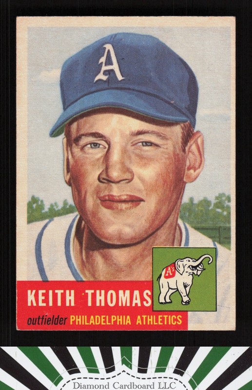 1953 Topps #129 Keith Thomas : Bio uses white text VG d, front