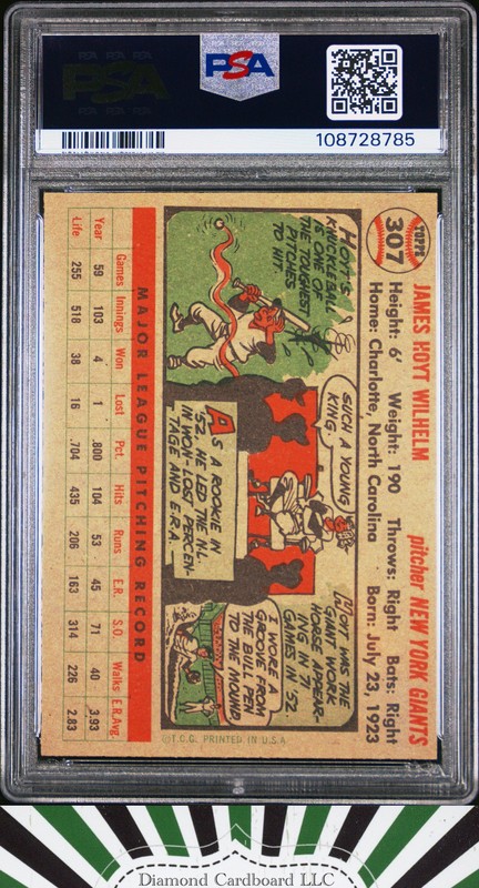 1956 Topps #307 Hoyt Wilhelm PSA 7, back