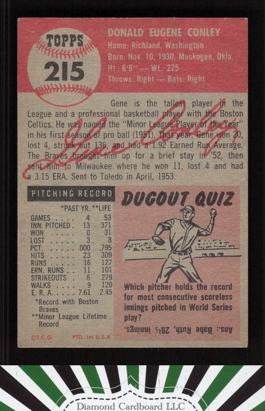 1953 Topps #215 Gene Conley EX f, back
