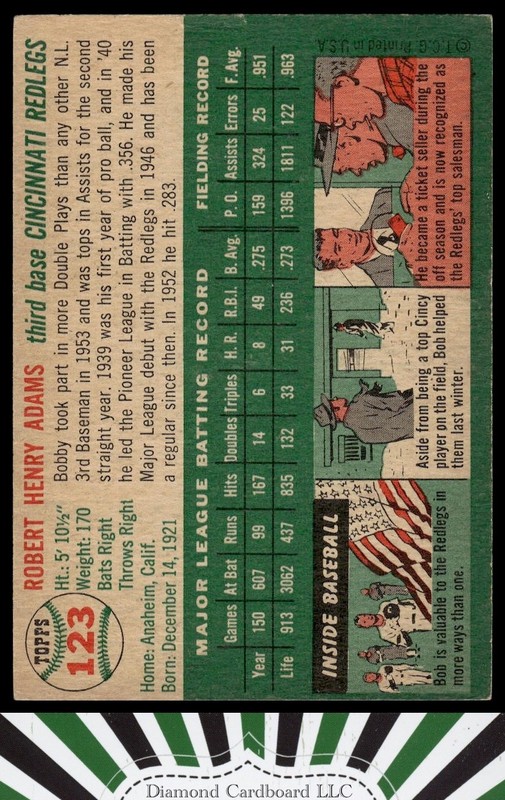 1954 Topps #123 Bobby Adams VG+ b, back