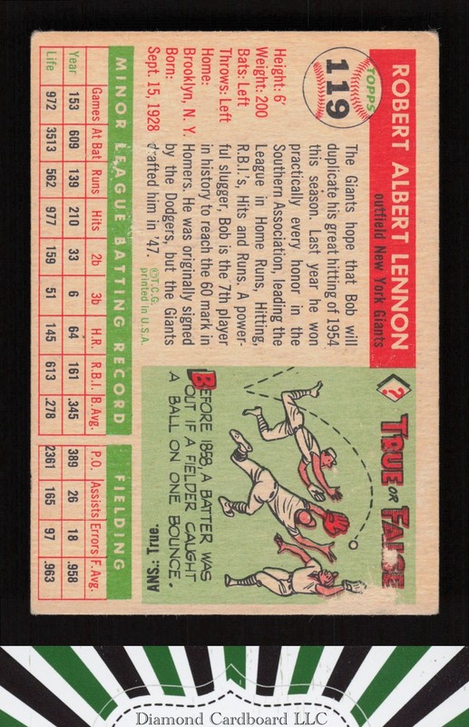 1955 Topps #119 Bob Lennon VG d, back