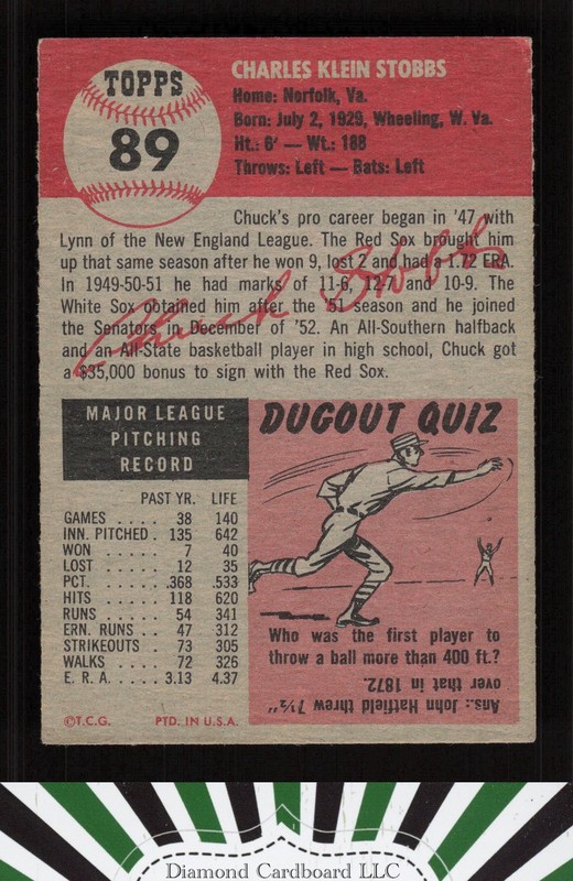 1953 Topps #89 Chuck Stobbs : Bio uses black text VG+ f, back