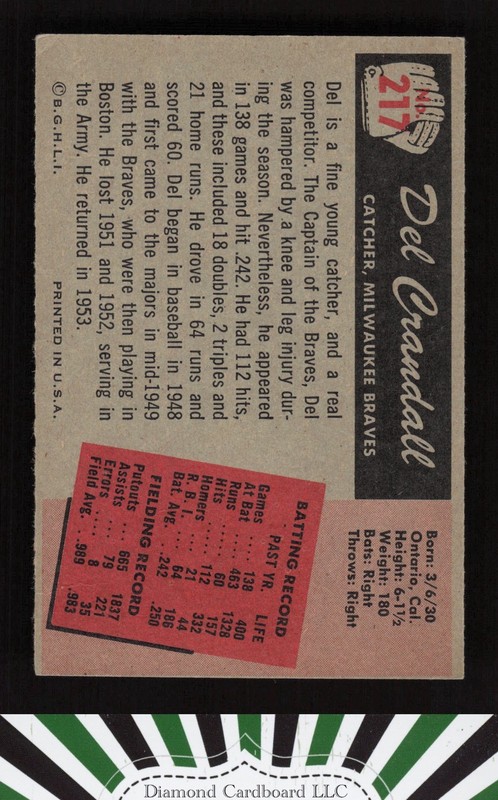 1955 Bowman #217 Del Crandall VGEX, back