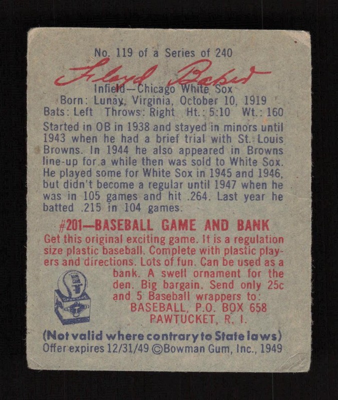 1949 Bowman #119 Floyd Baker VG+, back