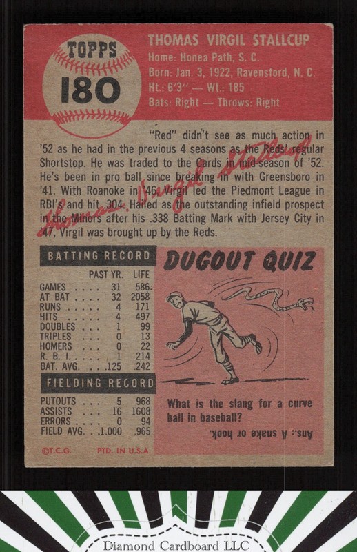 1953 Topps #180 Virgil Stallcup FR [DEAD CENTERED] b, back