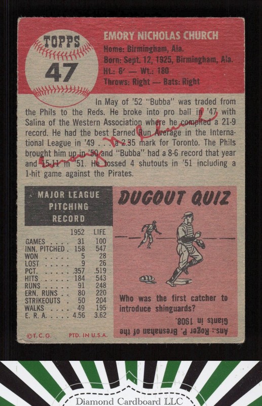 1953 Topps #47 Bubba Church VG+ b, back
