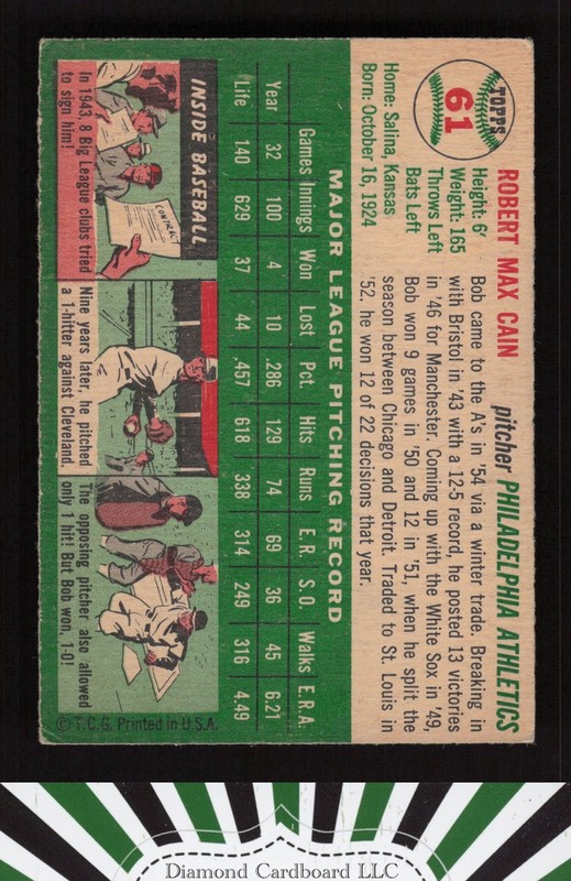 1954 Topps #61 Bob Cain VG h, back