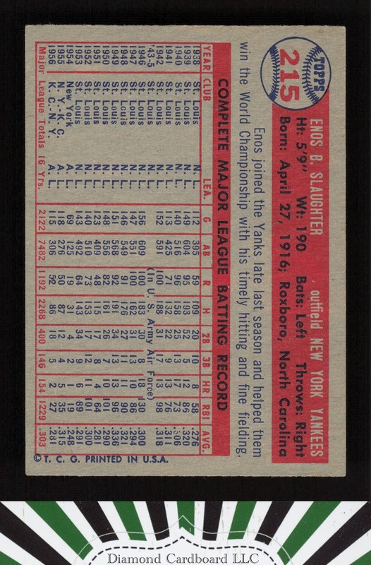 1957 Topps #215 Enos Slaughter VGEX d, back