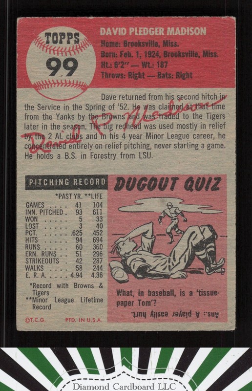 1953 Topps #99 Dave Madison : Bio uses black text GD [CENTERED] b, back