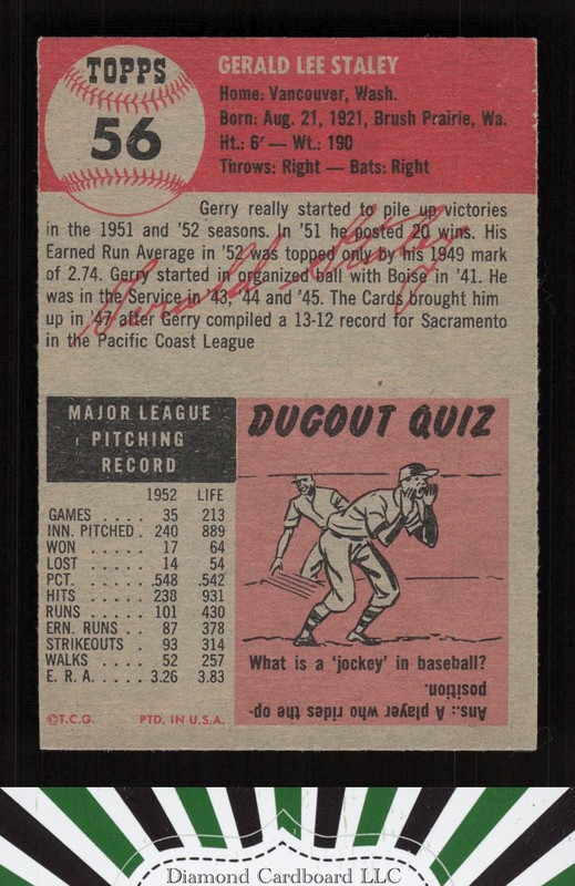 1953 Topps #56 Gerald Staley VGEX i, back