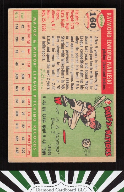 1955 Topps #160 Ray Narleski VGEX+ l, back