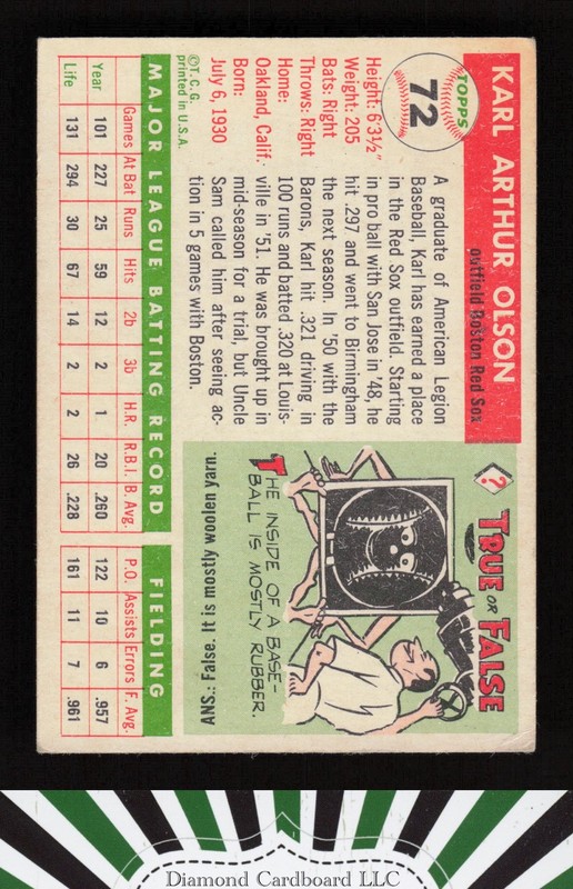 1955 Topps #72 Karl Olson VG b, back