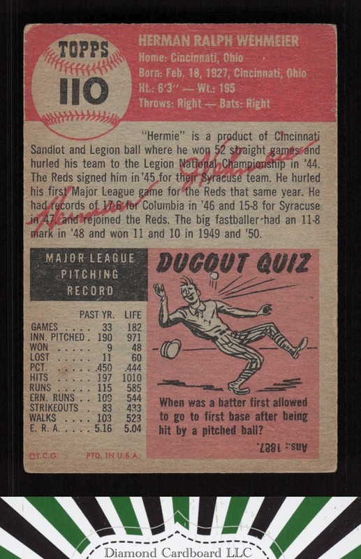 1953 Topps #110 Herman Wehmeier : Bio uses white text VG+ b, back