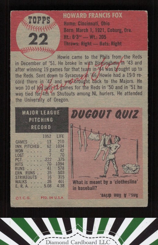 1953 Topps #22 Howie Fox VG+ [CENTERED] d, back