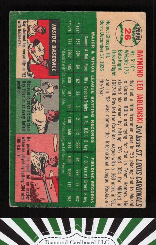 1954 Topps #26 Ray Jablonski GD b, back
