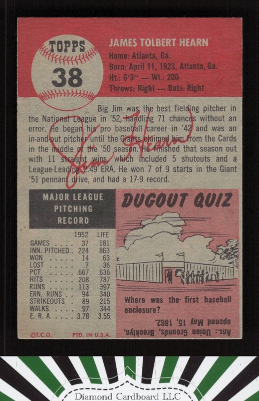 1953 Topps #38 Jim Hearn EX j, back
