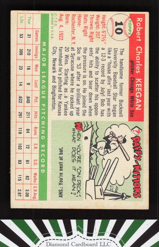 1955 Topps #10 Bob Keegan VGEX+ g, back