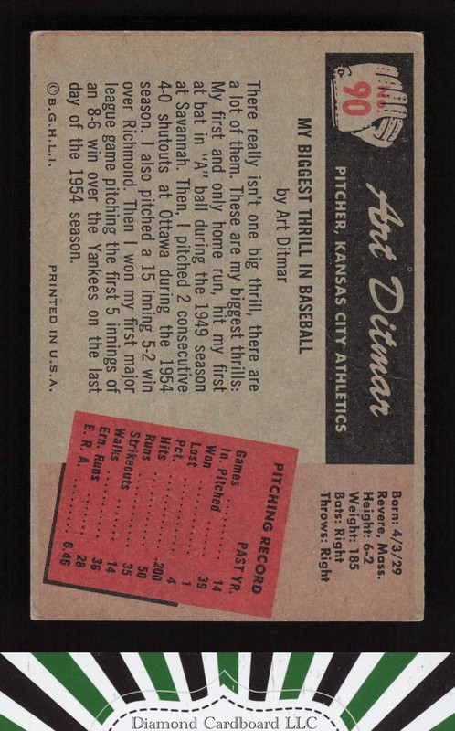1955 Bowman #90 Art Ditmar VG, back