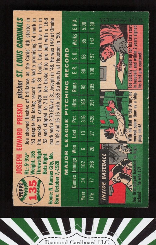 1954 Topps #135 Joe Presko EXMT n, back