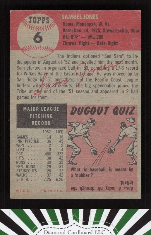 1953 Topps #6 Sam Jones EX e, back