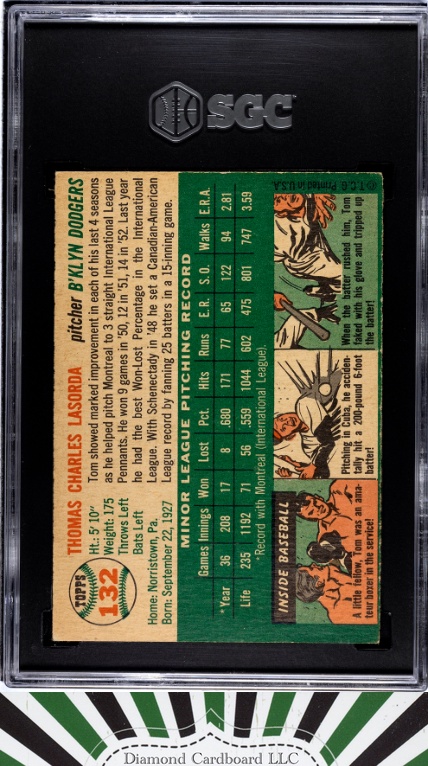 1954 Topps #132 Tom Lasorda SGC 6.5 HOF RC [CENTERED], back
