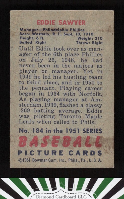 1951 Bowman #184 Eddie Sawyer VGEX, back