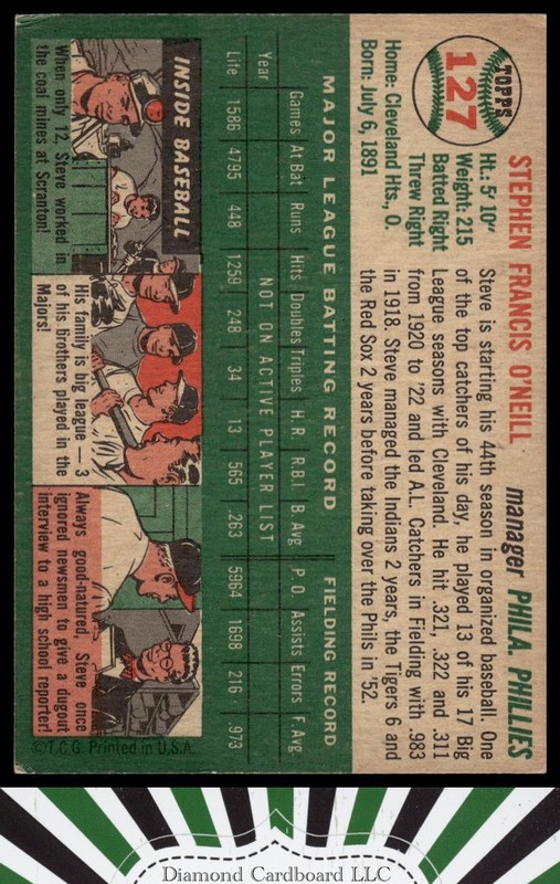 1954 Topps #127 Steve O'Neill VGEX d, back
