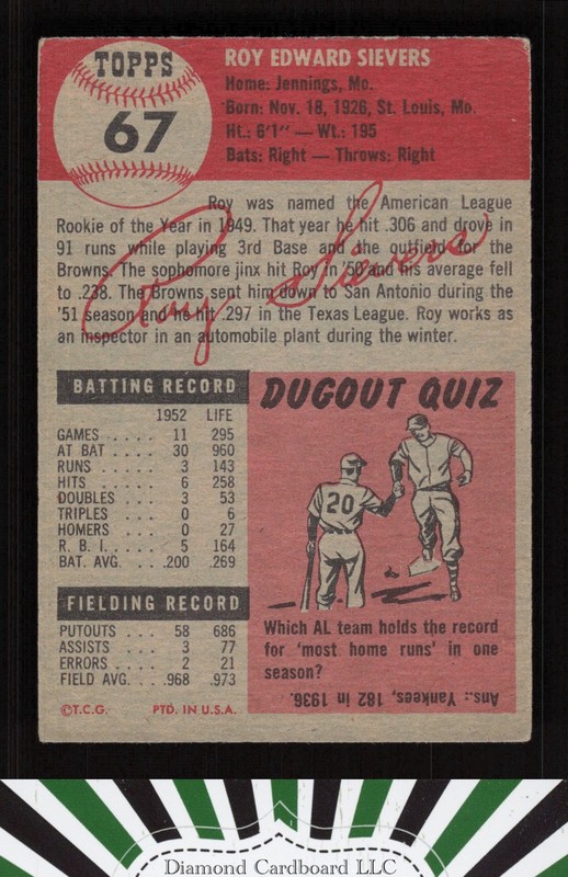 1953 Topps #67 Roy Sievers VGEX c, back