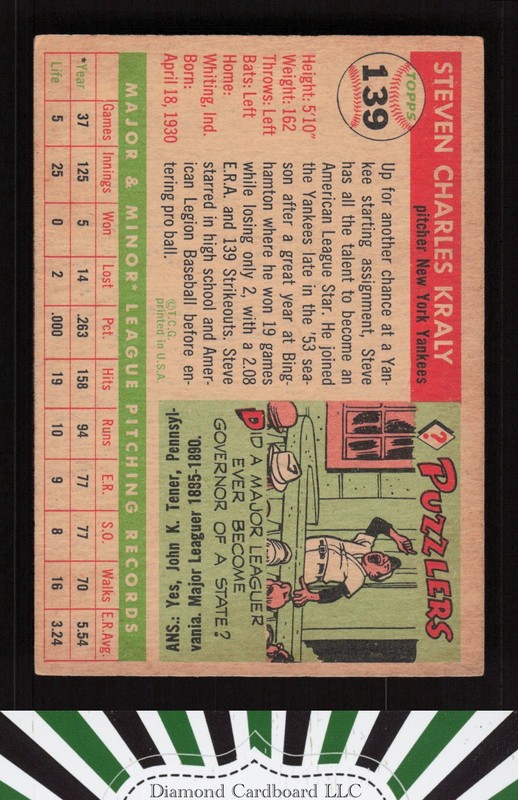 1955 Topps #139 Steve Kraly VGEX f, back