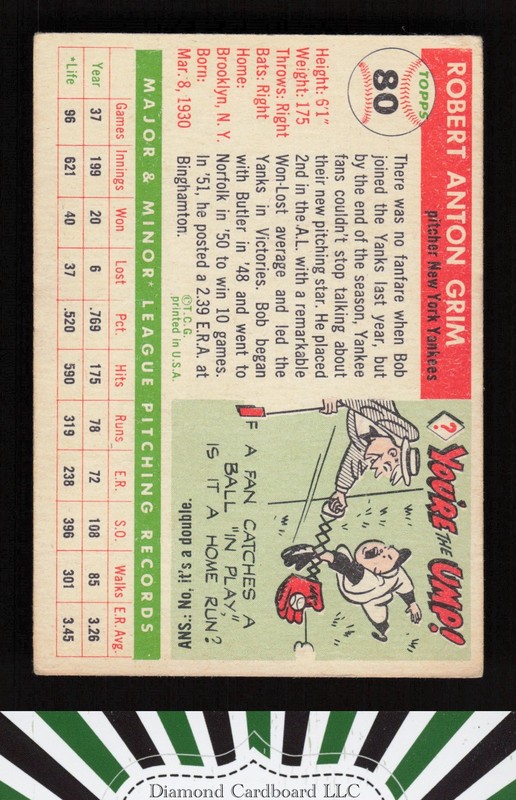1955 Topps #80 Bob Grim VG e, back