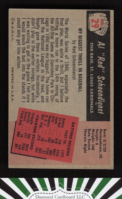 1955 Bowman #29 Al "Red" Schoendienst EXMT b, back