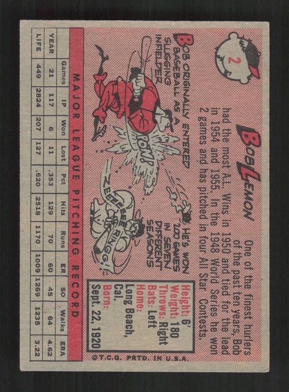 1958 Topps #2 Bob Lemon White Letters VGEX g, back