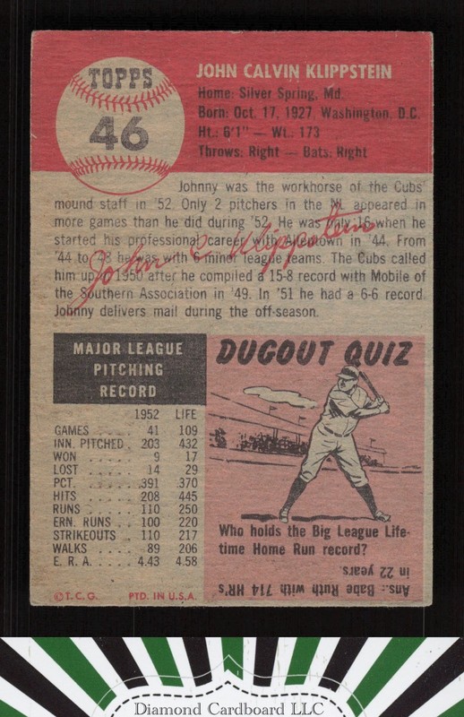1953 Topps #46 Johnny Klippstein VGEX c, back