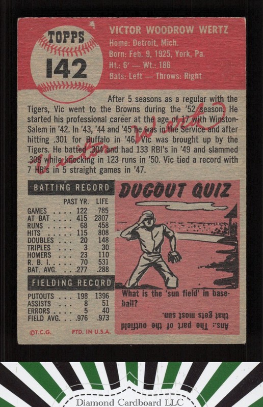 1953 Topps #142 Vic Wertz : Bio uses white text PR (VGEX but pinhole) d, back