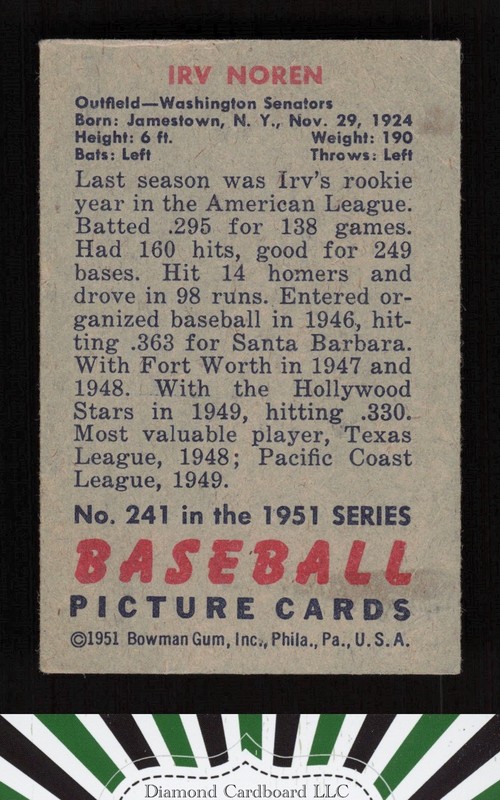 1951 Bowman #241 Irv Noren VG, back
