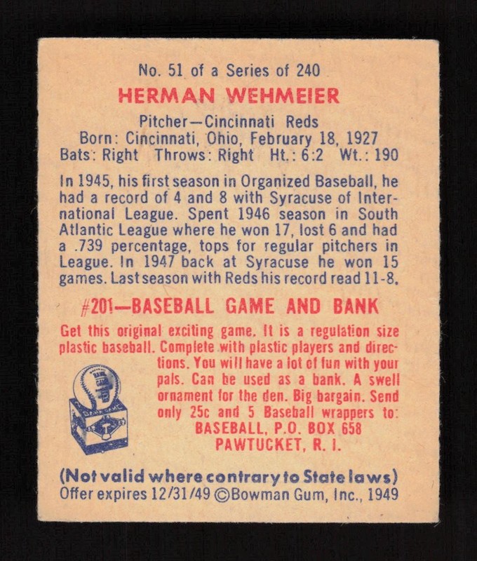 1949 Bowman #51 Herman Wehmeier GD, back