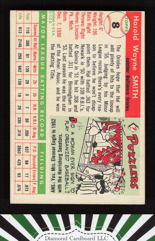 1955 Topps #8 Hal Smith VGEX r, back