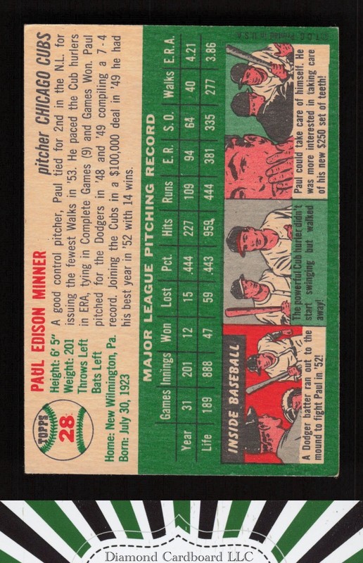 1954 Topps #28 Paul Minner EX g, back