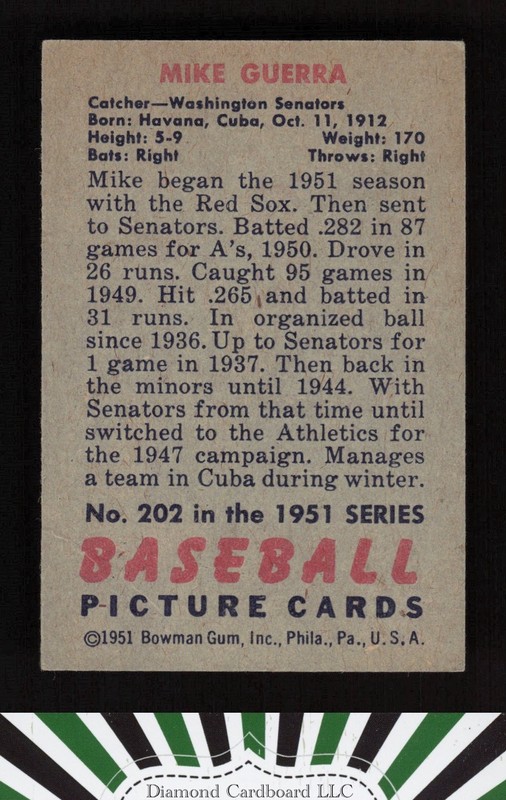1951 Bowman #202 Mike Guerra VGEX, back