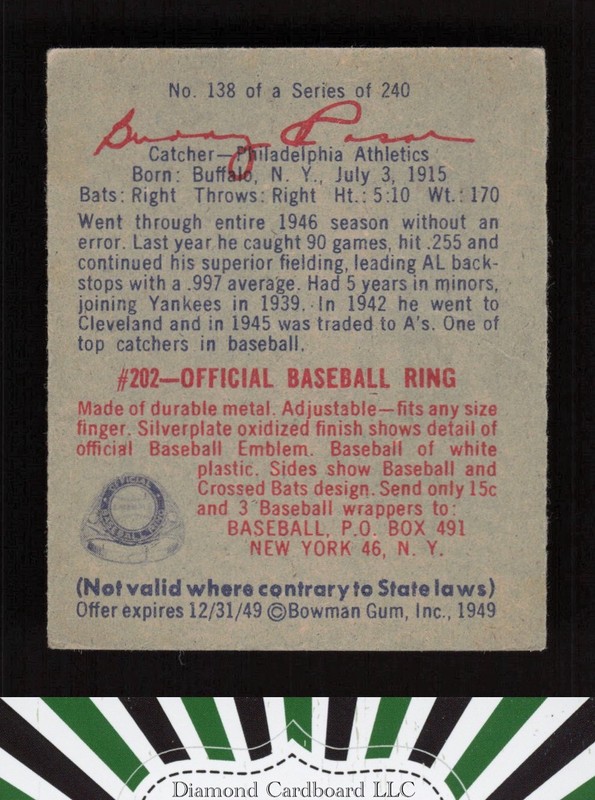 1949 Bowman #138 Warren "Buddy" Rosar VGEX+ [GOOD CENTERING] a, back