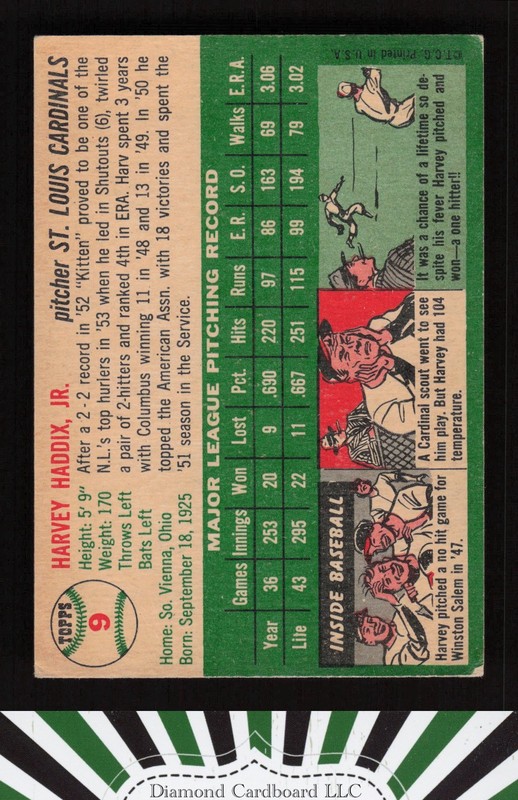 1954 Topps #9 Harvey Haddix VG+ c, back