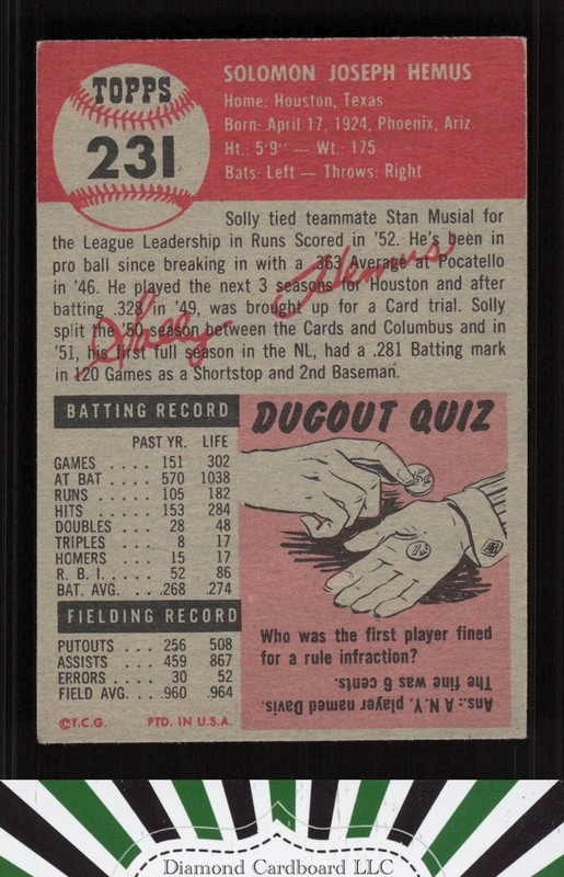 1953 Topps #231 Solly Hemus VGEX [GOOD EYE APPEAL] e, back