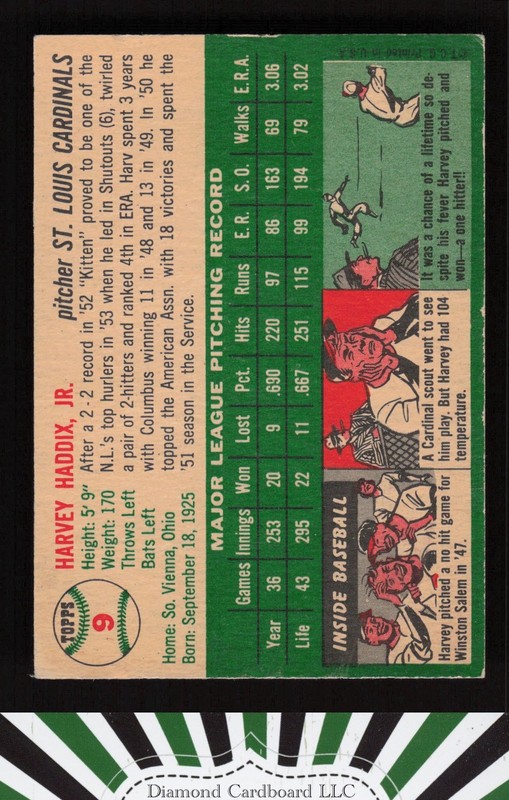 1954 Topps #9 Harvey Haddix VGEX+ a, back