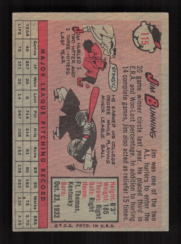 1958 Topps #115 Jim Bunning VGEX+ g, back